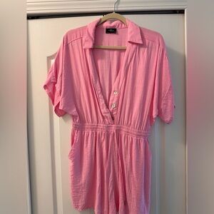 Pink Short-Sleeve Elastic Waist Jumpsuit Playsuit - Large